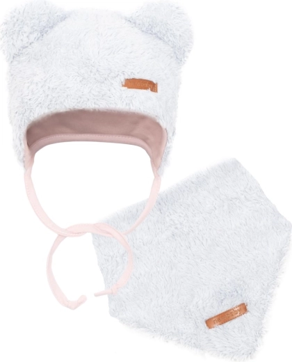 Winter babymuts met sjaaltje New Baby Teddy bear grijs-roze