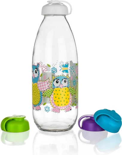 Melkfles 1 l met deksel – uilenmotief, glas