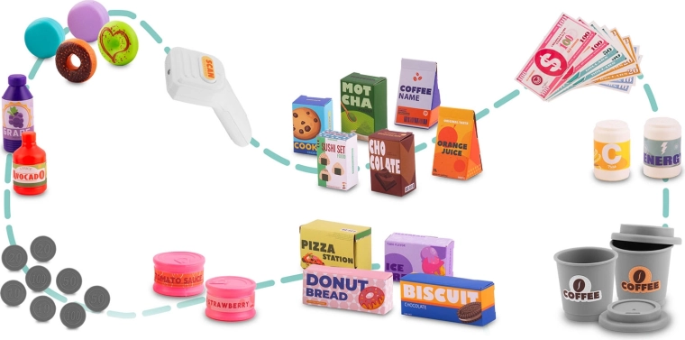 Rijke set accessoires voor winkelspeelgoed