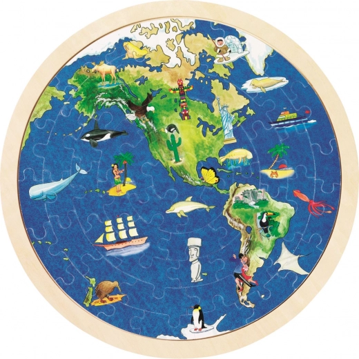 Dubbelzijdige houten puzzel wereld 57 stukjes GOKI