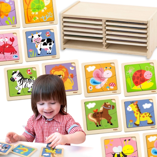 VIGA houten puzzels met 12 borden in een standaard