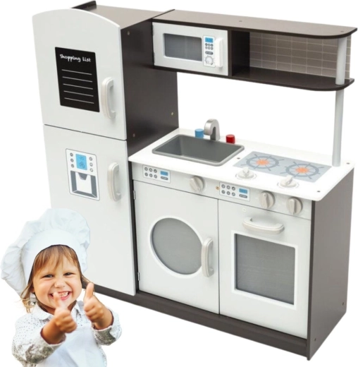 Houten kinderkeuken wit met bruine accenten en schrijfbord