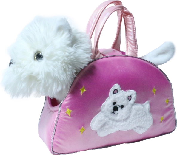 Pluchen hondje in satijnen handtas 27 cm