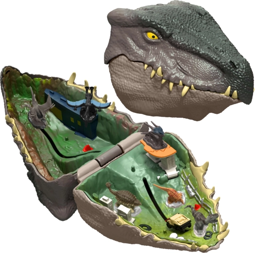 Draagbare dinosaurus-kop die een speelwereld verbergt
