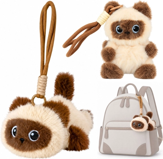 Pluchen kattenhangertje voor rugzak en handtas, crèmewit en bruin, 12 cm