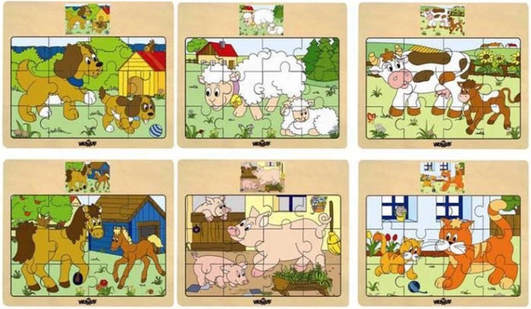 Woody houten puzzel op bord met boerderijdieren en hun jongen - 1 stuk