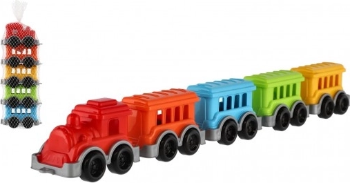 Kunststof treintje met 4 wagonnetjes in netje
