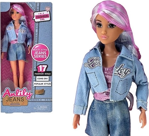Anlily stijlvolle pop met kleurrijk haar in denim outfit