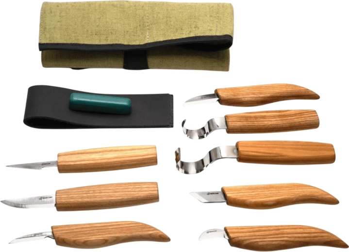 BeaverCraft set van 8 houtsnijmessen in rol met accessoires