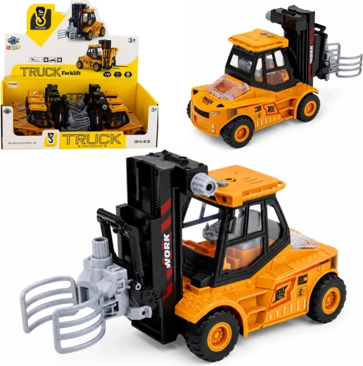 Bouwheftruck met verstelbare grijper, licht en geluid (geel-zwart) 1:43