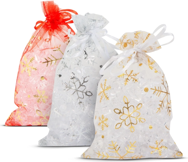 Organza cadeauzakje met sneeuwvlokken 10 × 15 cm - 1 stuk