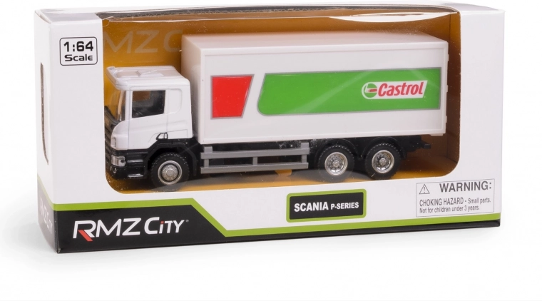 Metalen model vrachtwagen SCANIA CASTROL 1:64 met pull-back aandrijving