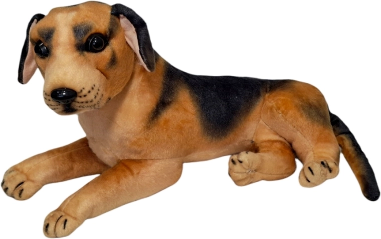 Pluchen hond in bruin-zwarte uitvoering