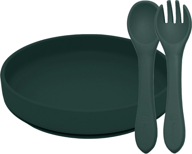 Petite&Mars siliconen eetset Take&Match misty green: bord met zuignap + bestek (6m+)