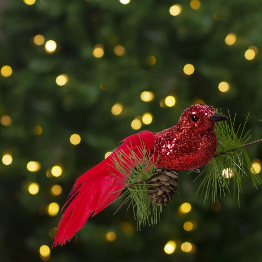 Kerstdecoratie met clip, glinsterend rood vogeltje - 2 stuks