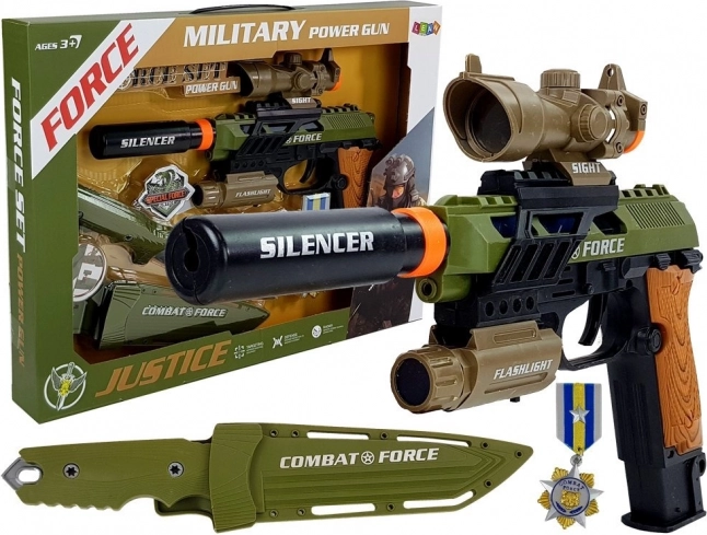 Militair speelgoedset met pistool, mes en medaille met licht en geluid