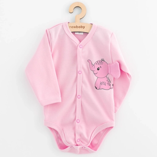 Babybody met lange mouwen en volledige drukknoopsluiting NEW BABY Happy Elephant roze
