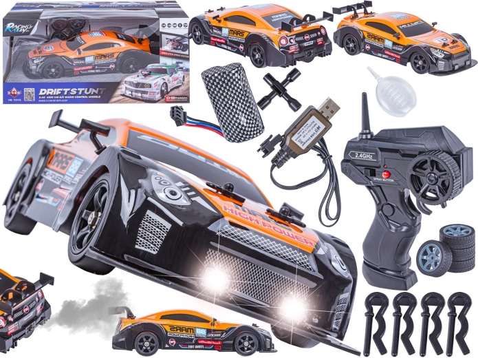 Op afstand bestuurbare driftauto met waterdamp 1:16 2,4 GHz 4WD met LED, oranje (geïnspireerd door Nissan GTR)