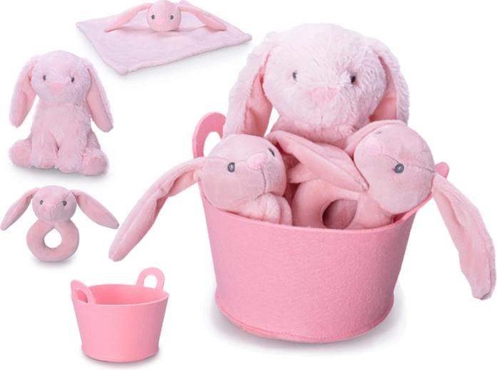 Cadeauset voor baby met roze pluchen konijntje, rammelaar en knuffeldoekje in mandje