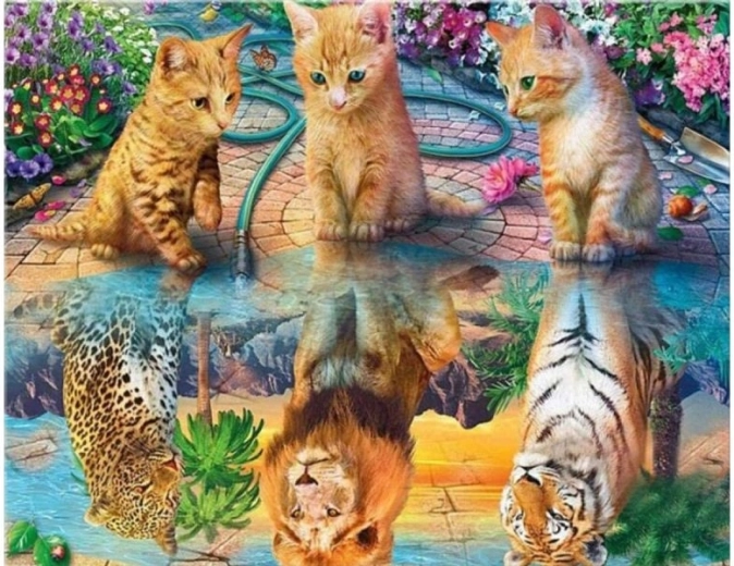 Diamantborduren (diamond painting) spiegelbeeld – luipaard, leeuw en tijger 40 × 30 cm
