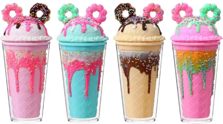 Beker met deksel en rietje, donuts met sprinkles, 350 ml