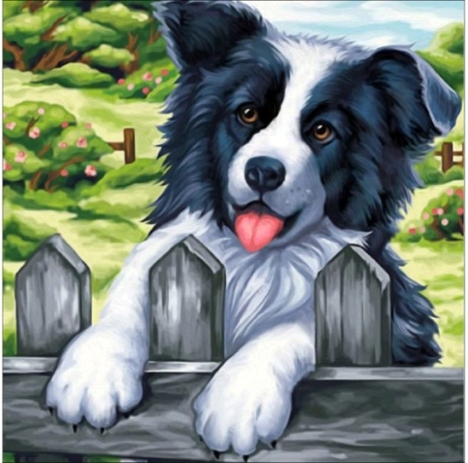 Diamantborduren (diamond painting) afbeelding „Hond op het hek“ 30 × 30 cm - 1 stuk