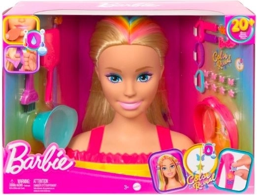 Barbie stylingshoofd neon regenboog blond haar
