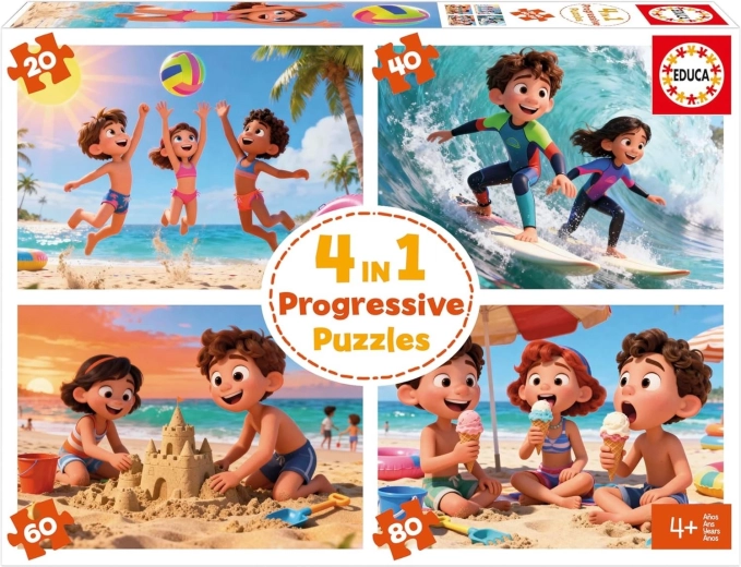 Kinderpuzzel EDUCA Strand 4-in-1 – progressief puzzelen (20–80 stukjes)