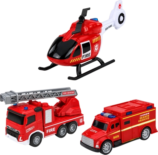 Voertuigen en helikopter in de set