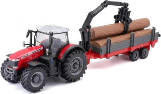 Bburago 10cm boerderijtractor met vliegwiel en aanhanger Massey Ferguson 8740S