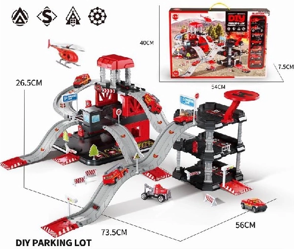 Parkeerterrein met 6 metalen auto’s en helikopter