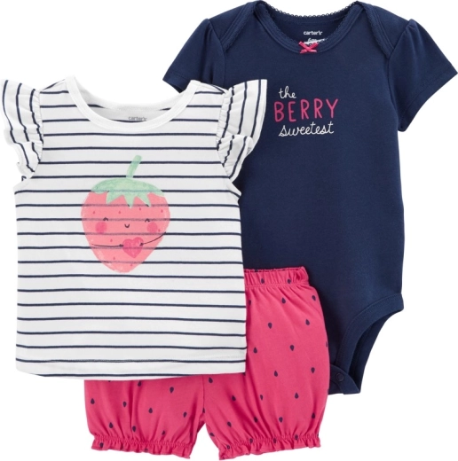 Carter's 3-delige set voor baby Strawberry Stripes – romper, T-shirt en korte broek