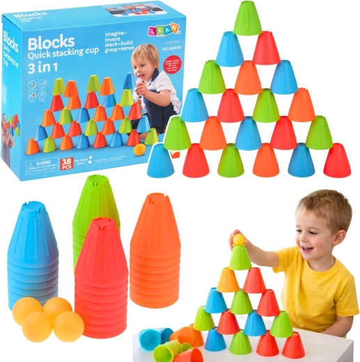 Hand- en leerspel 3-in-1 snelle bekers met balletjes, 38 stuks