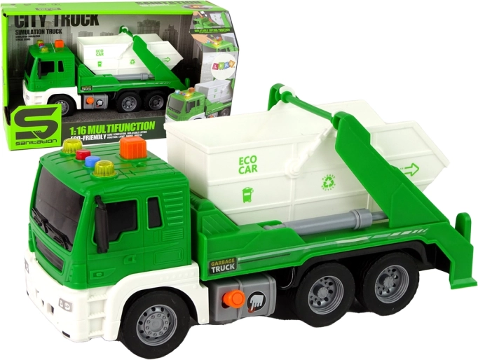 groene plastic vuilniswagen 1:16 met wrijvingsmotor en verlichting