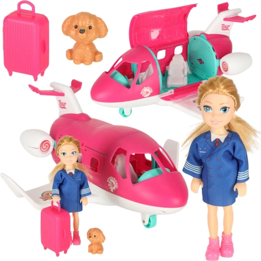 Opvouwbaar vliegtuig voor poppen met stewardess en accessoires