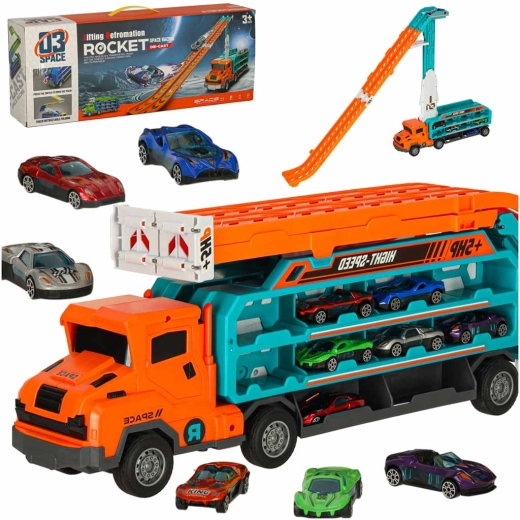 Vrachtwagen – autotransporter met dubbelbaans racebaan, oranje
