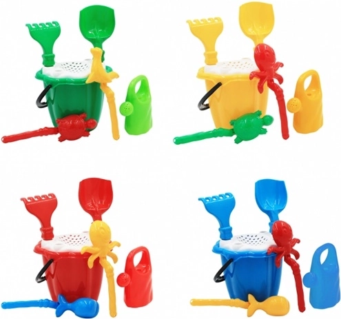 Multifunctionele zandset met emmer, schep, harkje, gieter en vormpjes