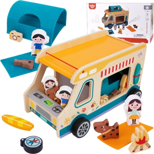 Houten Caravan van Tooky Toy met Kampeerfiguurtjes