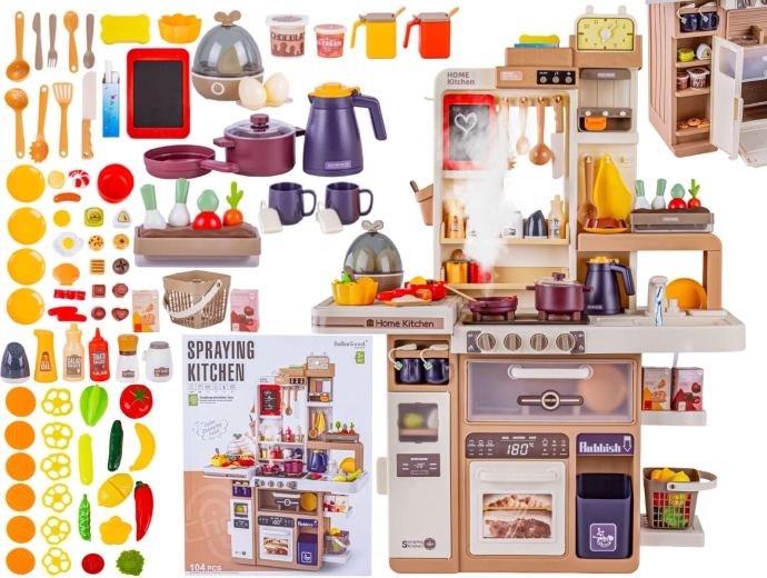 Multifunctionele kinderkeuken met stoom- en geluidseffecten, met gootsteen, oven en 104 accessoires