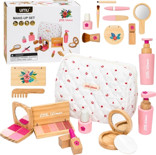 Houten make-upset voor kinderen met witte toilettas, 17 stuks