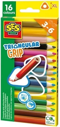 SES stevige driehoekige kleurpotloden met ergonomische grip (16 stuks)