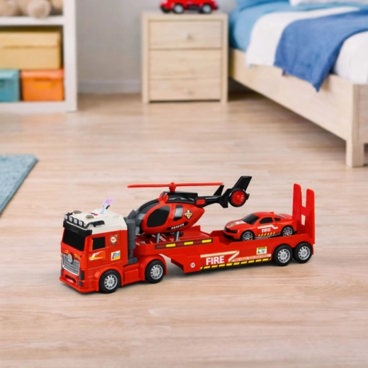 Truck met platformaanhanger en neerklapbare oprijplaat