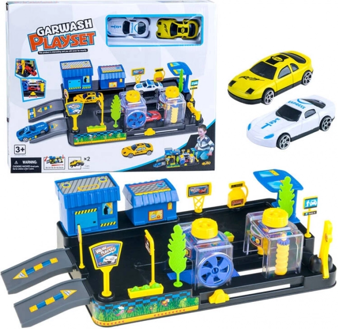 Autowasstraat en tankstation – kinderset met autootjes