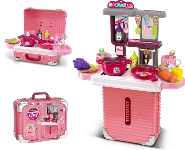 2-in-1 kleine koffer en keukentje met accessoires – roze