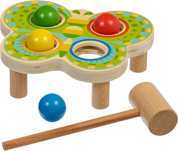 Houten hamerspel Vlinder met 4 gekleurde ballen