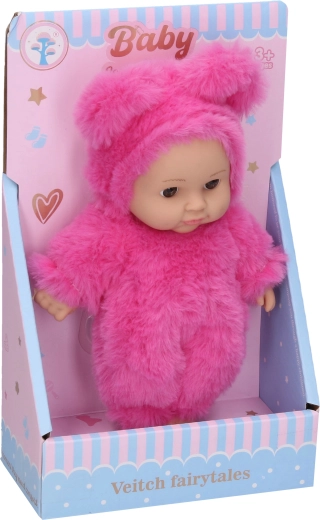 Baby in donkerroze mandje 19 cm