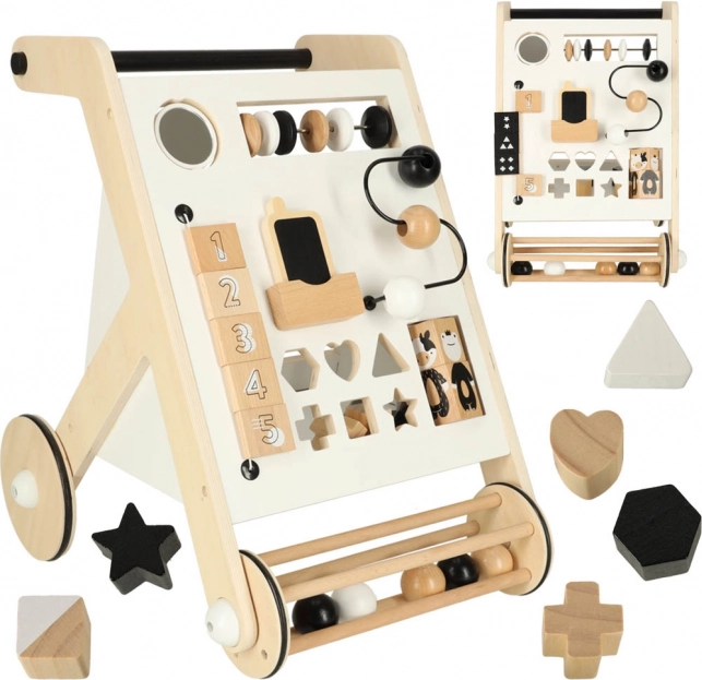 Houten loopwagen met interactieve plank en sorteerkist
