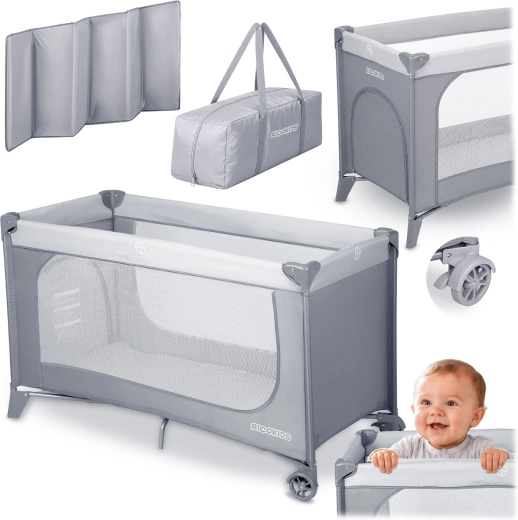 Ricokids reisbedje met matras en transporttas, lichtgrijs