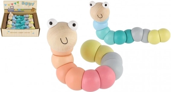 Houten scharnierende worm/rups 16 cm – pastelkleuren, buigbaar speeltje voor baby’s