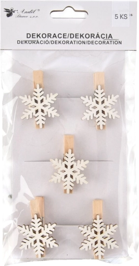 Decoratieve houten mini knijpertjes Sneeuwvlok wit 5 stuks